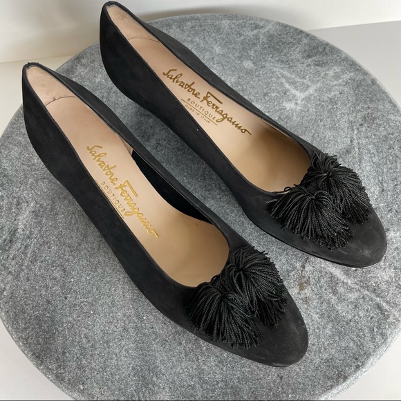 Salvatore Ferragamo Vintage Black Suede Tassel Heels - Picture 2 of 11